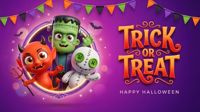 Trick or treat banner with cute 3d monster, devil, and voodoo doll characters on purple background
