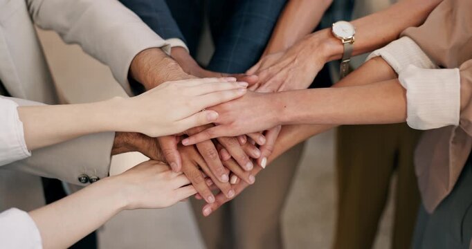 Above, team building and business people with hands together in collaboration, support and goals. Office, mission and group stack with startup, solidarity and celebration of partnership success