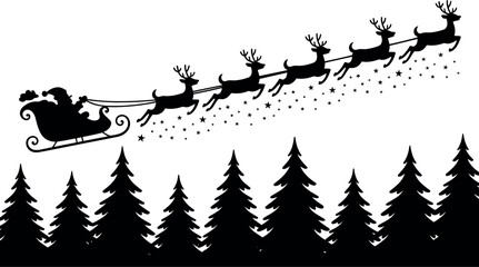 Black silhouette of Santa Claus flying in his sleigh pulled by reindeer over a pine forest on a magical winter night. © MdNasir