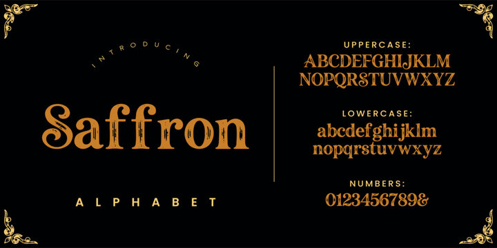 Saffron luxury serif alphabet font for elegant fashion branding and sophisticated high end publishing