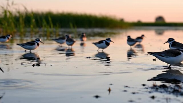 A flock of small sandpipers gathers along the serene edges of a calm wetland marsh as the golden light of the early morning sunrise reflects beautifully upon the tranquil surface of the water
