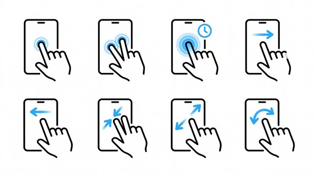 Touchscreen gesture icons showing tap, swipe, pinch, rotate, and press actions for mobile interface and app design visualization.