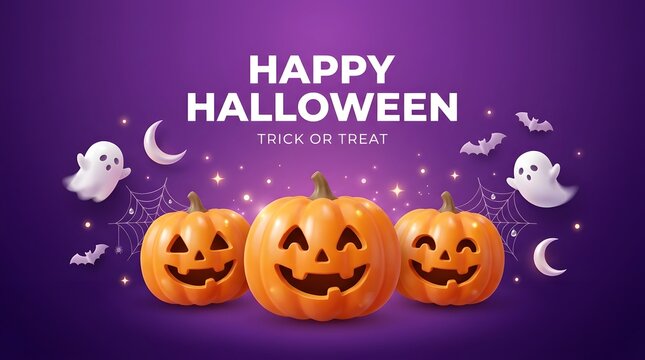 Happy Halloween banner vector illustration with 3d pumpkins, cute ghosts, bats, and moon on purple background
