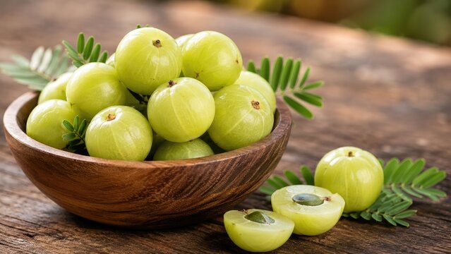 Bowl of fresh green amla (Indian gooseberries), some halved to show seeds, arranged with leaves on a rustic wooden table