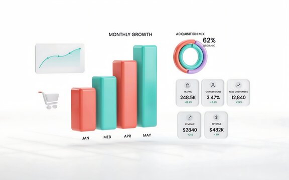 A3d rendered business dashboard showing monthly growth bar charts, acquisition mix donut chart, and key performance indicators on white