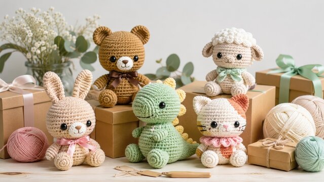 Handmade pastel amigurumi crochet animals arranged with gifts, yarn, and flowers