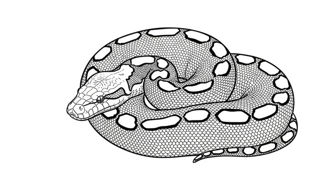 Coiled Python Snake Line Art Illustration on a Clean Isolated White Background