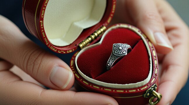 Hands open red heart shaped box with antique silver ring inside. Detailed vintage jewelry piece sits on soft velvet cushion. Special proposal moment.