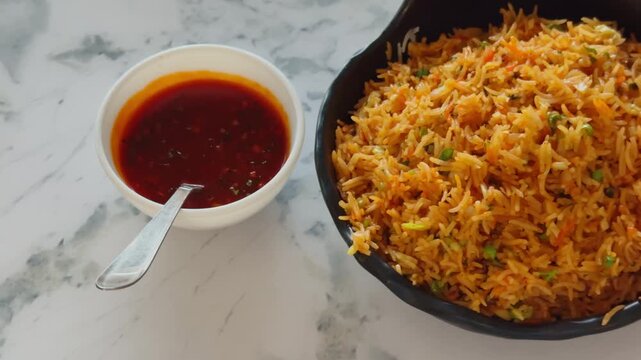 Close up tracking shot glides over Indo Chinese Schezwan fried rice served with fiery Schezwan sauce highlighting vibrant colors aromatic ingredients and bold spicy flavors
