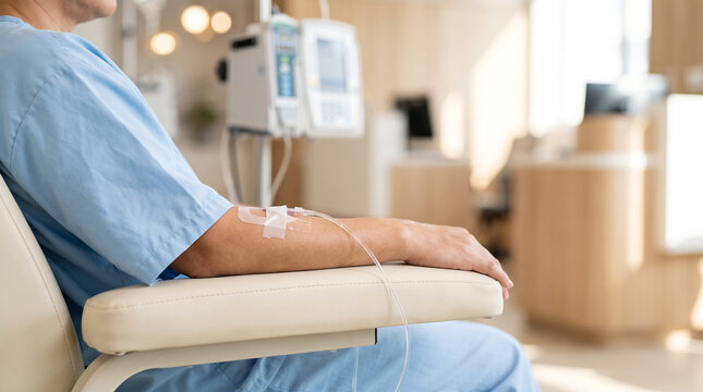 Hospital patient in blue scrubs, with intravenous drip catheter attached to arm, resting on armchair during medical treatment, in bright clinic room, healthcare photography