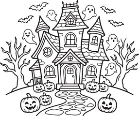 Obraz premium Haunted house illustration with pumpkins and ghosts a black and white line art drawing