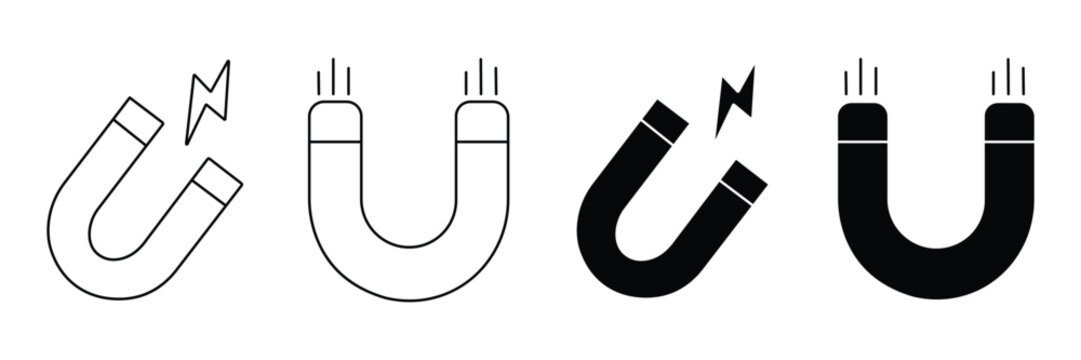 Horseshoe Magnet Icon Set &ndash; U-Shaped Magnetic Field, Magnetism Physics Symbol, Industrial Magnet, Outline & Silhouette Vector Collection