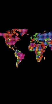 Colorful world map mosaic made up of small dots in different colors to represent each continent dotted design simple flat vector illustration, ||Continents, Vector Illustration