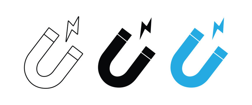 Horseshoe Magnet Icon Set &ndash; U-Shaped Magnetic Field, Magnetism Physics Symbol, Industrial Magnet, Outline & Silhouette Vector Collection