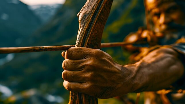 Close-up of a strong hand gripping a wooden bow. 64k 8k widescreen, HDR