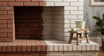 Obraz premium Side angle shot of partially limewashed brick fireplace showing progress with half the bricks covered in light lime finish half raw red.