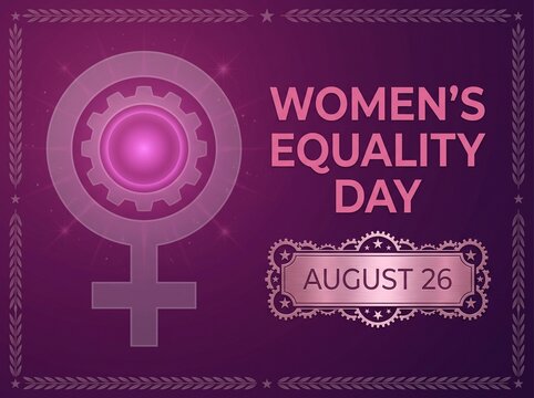 Women's Equality Day Banner with Female Gender Symbol and Gear Icon on Purple Background for August 26 Celebration