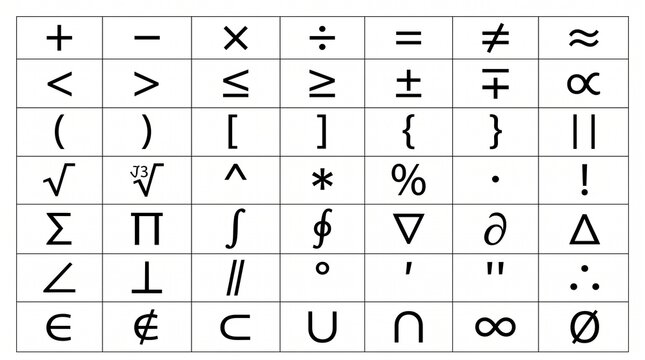 Grid of mathematical and logical symbols including operators, brackets, calculus notation, set theory signs, and comparison symbols.