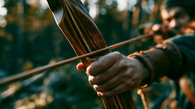Hand grips wooden bow with taut string. 64k 8k widescreen, HDR
