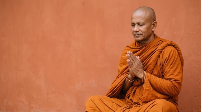 Buddhist monk in saffron robes engaged in meditation