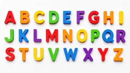 Fototapeta premium Colorful uppercase alphabet letters A-Z arranged in neat rows on a white background for learning and play
