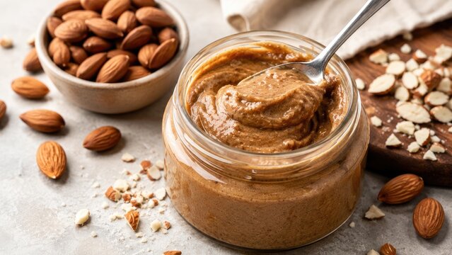 Creamy almond butter in a glass jar with a spoon, surrounded by whole, chopped, and sliced almonds on a rustic kitchen surface