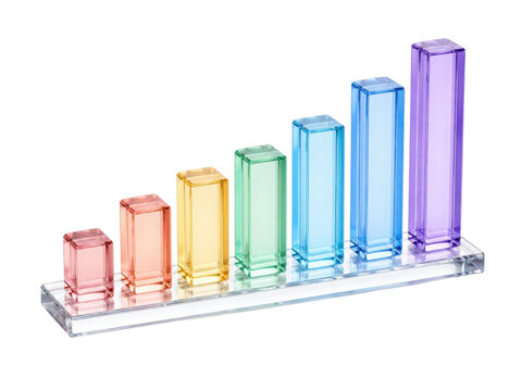 Transparent crystal bar graph with rising colorful glass columns isolated on transparent background.