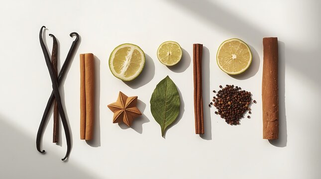 Assortment of Spices and Citrus Fruits Arranged on a White Surface.