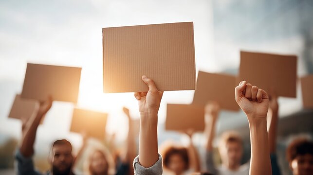 eco protest. Diverse group of people holding blank cardboard signs during a peaceful protest in an urban setting with buildings and sunlight in the background