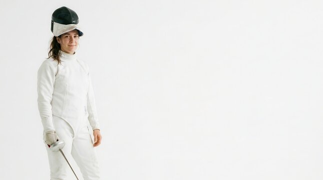 Female fencer in white uniform holding a mask and foil