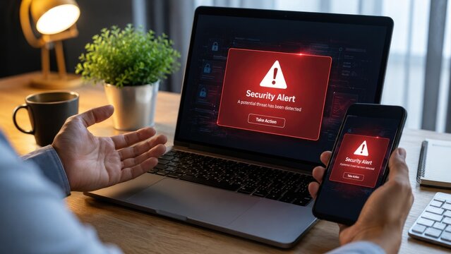 Red security alert displayed on a laptop and smartphone in a home office workspace