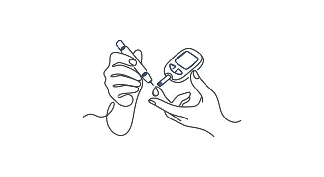 Continuous one line drawing of a person checking blood glucose level with a glucometer.