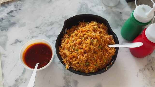 Camera orbiting shot circles a bowl of Indo Chinese Schezwan fried rice served with spicy Schezwan sauce highlighting vibrant colors aromatic ingredients and restaurant style presentation