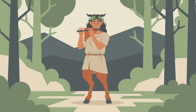 Mythological satyr character playing a pan flute in a deep green forest surrounded by pine trees and mountains.