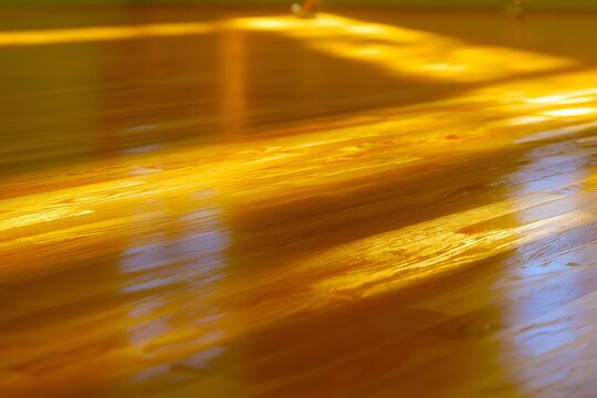 Warm sunlight glows across polished wooden floorboards. 64k 8k widescreen, HDR