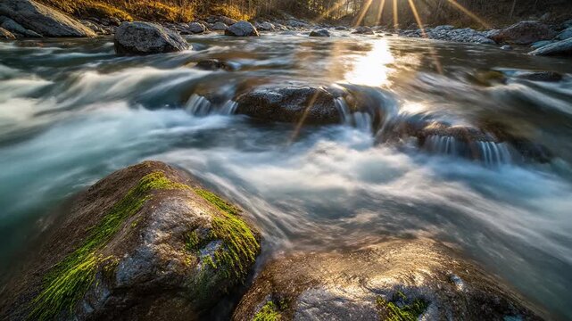 A serene mountain stream flows through rugged mossy stones as golden sunlight illuminates the cascading bubbling water during a peaceful early morning moment in the wild temperate forest