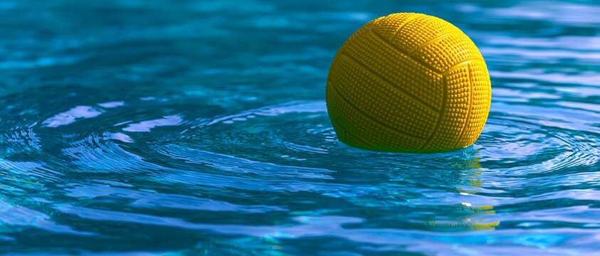Yellow volleyball floats in clear blue water. 64k 8k widescreen, HDR