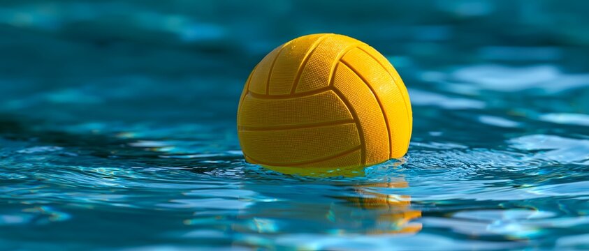 Yellow water polo ball floats in clear blue water. 64k 8k widescreen, HDR