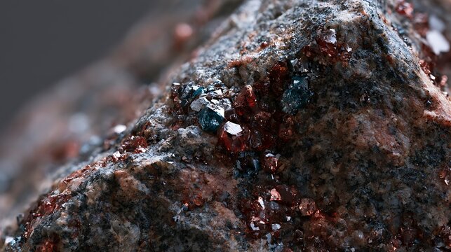 Macro photography of raw cinnabar mineral stone with dark red crystalline texture.
