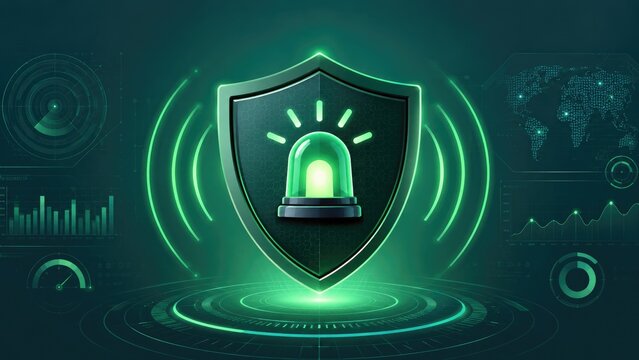 Green glowing shield with an emergency beacon icon representing cybersecurity alert, network protection, threat detection and digital security monitoring