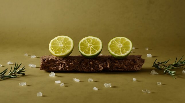 Three Fresh Lime Halves Arranged on a Dark Surface with Rosemary and Salt.