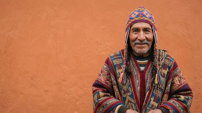 Elderly Andean man in a colorful chullo and poncho