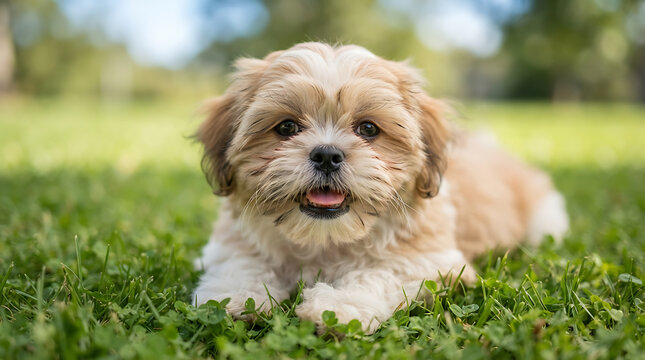 Fluffy shih tzu puppy lying on green grass with blurred background canine