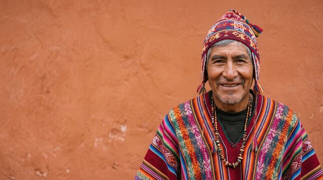 Andean man in a traditional chullo and colorful poncho