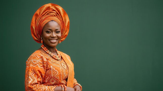Nigerian woman in traditional orange Gele and coral beads