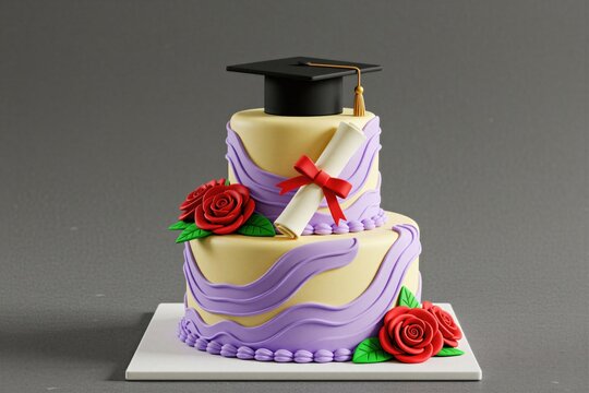 Two tier graduation cake with purple ribbons, red roses. Academic cap sits on top beside diploma scroll. Sweet dessert for school university finish party. Confectionery art for student success