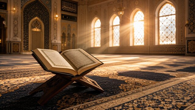 Open Quran on a wooden rehal inside an ornate mosque, sunbeams streaming through arched windows onto a patterned prayer carpet
