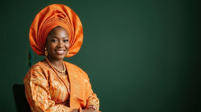 Nigerian woman in traditional orange Gele headwrap