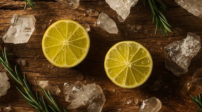 Fresh Lime Halves with Rosemary and Ice on a Wooden Surface.