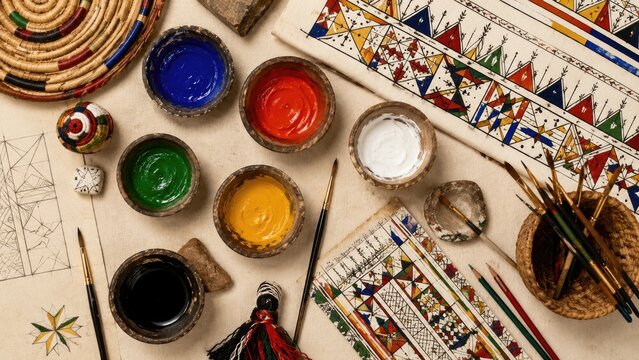 Artisan workspace with bowls of colorful paint, brushes, pencils and geometric hand-painted decorative patterns